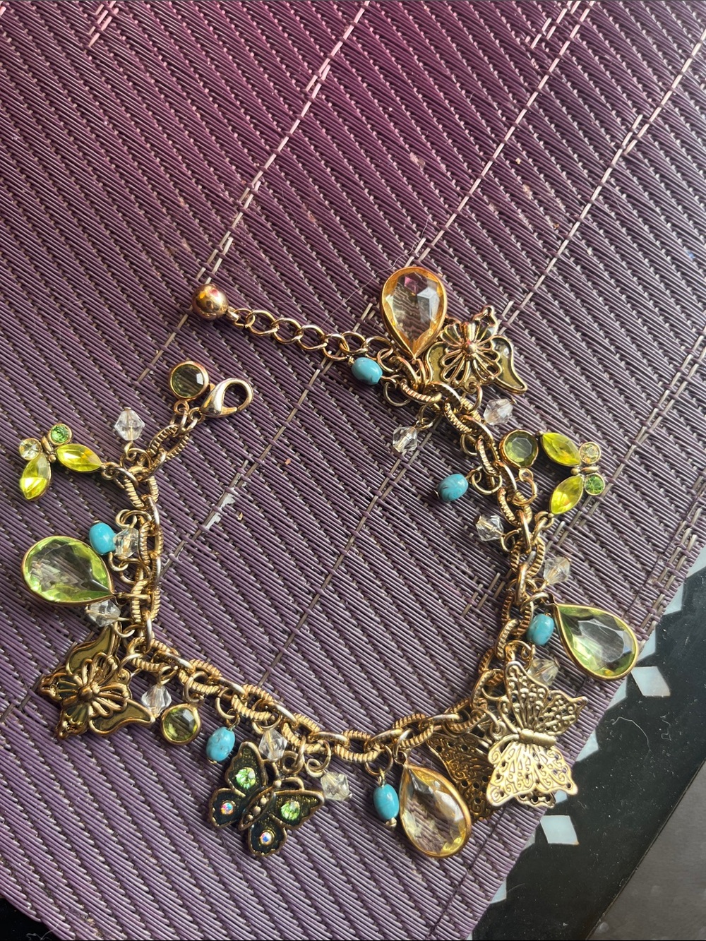 Gold-Tone Butterfly Charm Bracelet with Green and Turquoise Accents